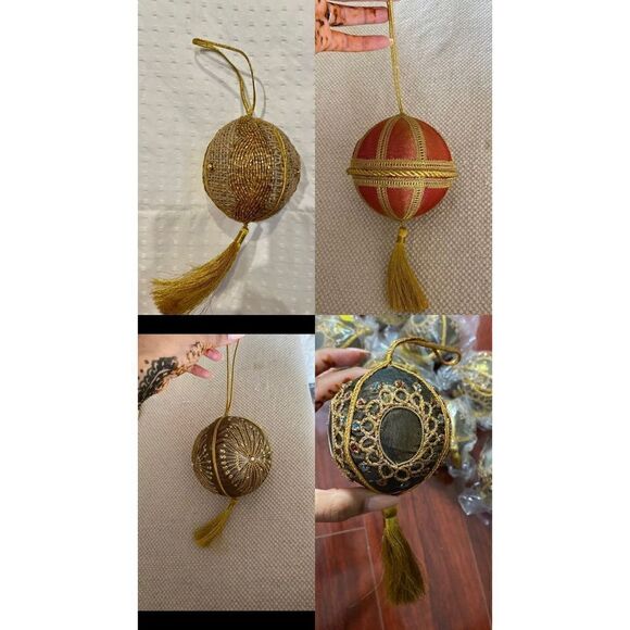 Set of 5 Gold/White Beaded Christmas Tree Holiday Ornaments - Picture 6 of 9